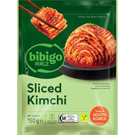 Bibigo Kimchi geschnitten – Fermentierter Kohl aus Korea – Ohne Fischsauce und halal 150 g – 4er-Pack (4×150 g)