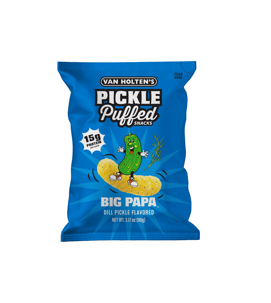 VAN HOLTEN'S Pickle Puffed Snacks Big Papa - Gepuffte rote Linsen-Sticks - luftig, knusprig mit Dill-Gurke Geschmack, 90 g – 5er-Pack (5×90 g)