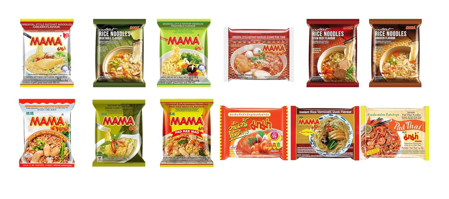 Instant Nudeln Box, 30 Verschiedene Sorten Von MAMA, Mit Garnelen, Hühnchen, Rindfleisch, Yentafo Tofu, Pad Kee Mao, Pa-Lo Ente, Ramen Ente, Gemüse, Klare Suppe, Pad Thai (12Er Pack)