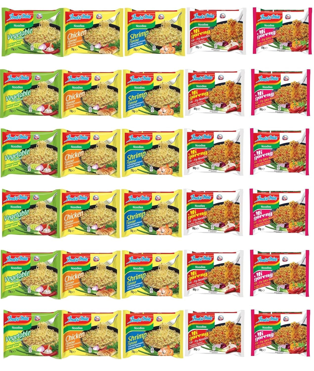 INDOMIE, Instant Nudeln Box, 30 Verschiedene Sorten Von Indomie Mi Goreng Pedas, Shrimps, Huhn, Gemüse Geschmack (30Er Pack)