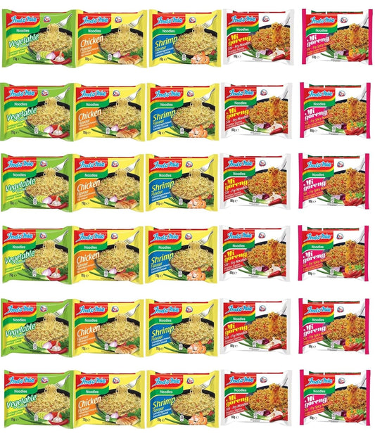 INDOMIE, Instant Nudeln Box, 30 Verschiedene Sorten Von Indomie Mi Goreng Pedas, Shrimps, Huhn, Gemüse Geschmack (30Er Pack)