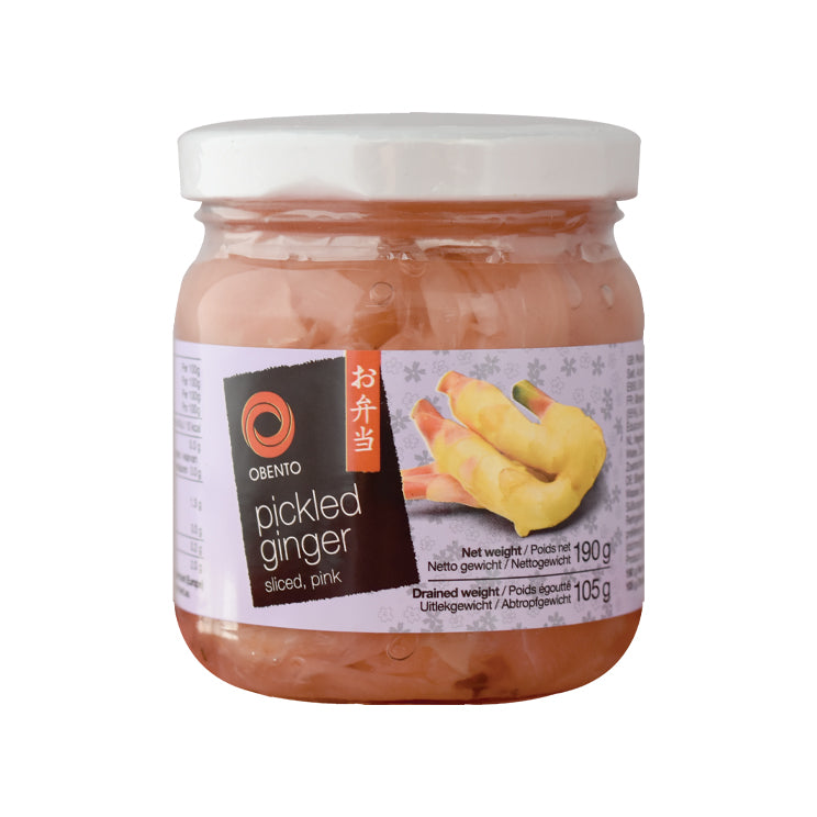 Obento Sliced Pickled Ginger Pink (Eingelegter Ingwer Pink in Scheiben), 190 g – 4er-Pack (4×190 g)