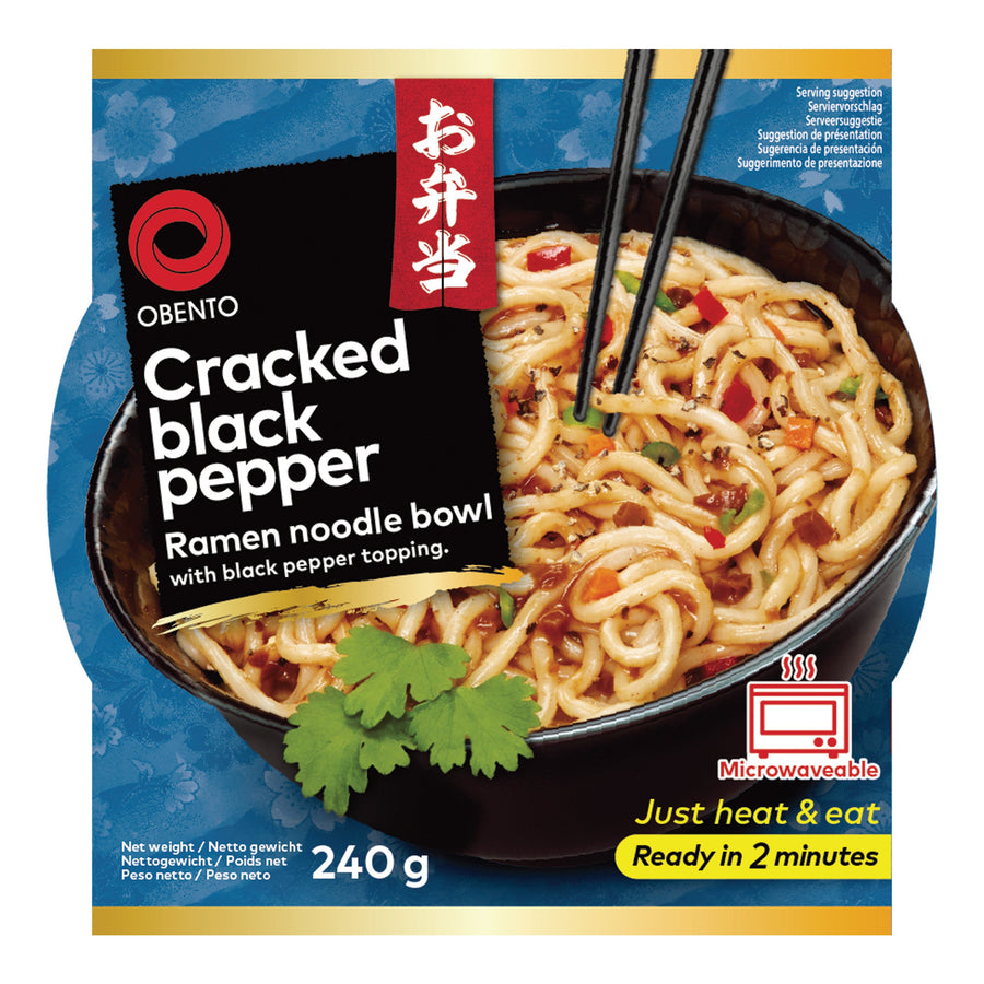 Obento Cracked Black Pepper Ramen Noodle Bowl, Fertiggericht für die Mikrowelle, Schwarzer Pfeffer, 240 g – 4er-Pack (4×240 g)
