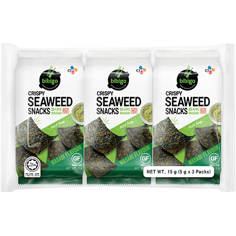 Bibigo Seealgen Snack Wasabi – Geröstete Seelagenblätter mit Wasabi – Ideal als Snack oder Beilage 5 g – 3er-Pack (3x5g) – 3er-Pack (3×5 g)