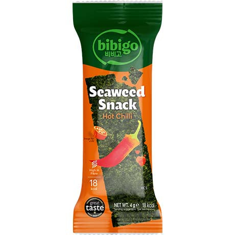 Bibigo Seealgen Snack, gewürzt, Hot Chili – Scharf würzige und geröstete Seealgenblätter – Ideal als herzhafter Snack oder Topping für Suppen, Reis & Salate 4 g – 6 x 4 g