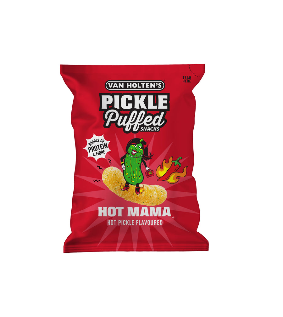 VAN HOLTEN'S Pickle Puffed Snacks Hot Mama – Gepuffte rote Linsen-Sticks mit scharfem Gurkengeschmack, 90 g – 5er-Pack (5×90 g)