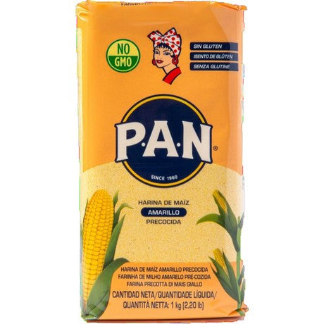 PAN P.A.N. Gelbes Maismehl Vorgekocht| Harina de Maíz Amarillo Precocida | Glutenfrei | Ohne Zusatzstoffe | Non-GMO | 100% Gelber Mais met Kajal Sticker 1 kg
