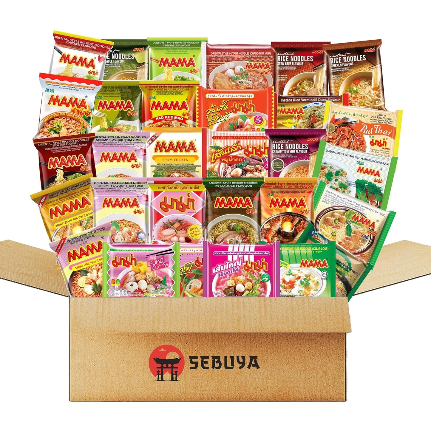 Instant Nudeln Box, 30 Verschiedene Sorten Von MAMA, Mit Garnelen, Hühnchen, Rindfleisch, Yentafo Tofu, Pad Kee Mao, Pa-Lo Ente, Ramen Ente, Gemüse, Klare Suppe, Pad Thai (12Er Pack)